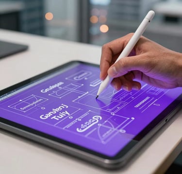 A close-up of a professional using a stylus on a glass tablet, displaying complex branding blueprints in vibrant purple and white. The setting is a modern, high-end North American / US office with blurred city lights in the background.
