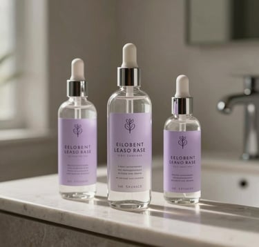 Elegant product photography of premium glass cosmetic bottles for a hair growth brand. The setting is a minimalist, high-end bathroom with soft natural morning light. The colors are muted with hints of lavender. North American / US luxury lifestyle.