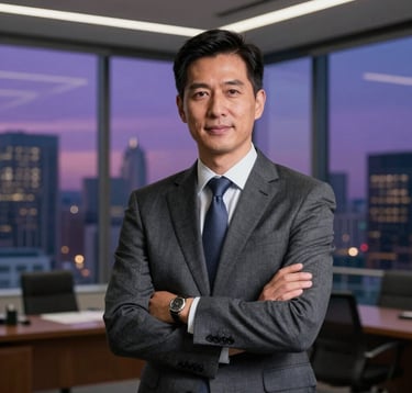 A high-end, professional portrait of a visionary business leader in a modern North American executive office. The background shows a metropolitan skyline at dusk with soft indigo and deep purple light. The aesthetic is powerful, clean, and confident.