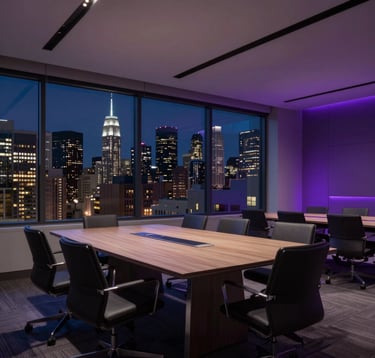 A wide-angle, low-angle shot of a sleek contemporary boardroom with a large window overlooking a North American skyline at night. Subtle deep purple accent lighting illuminates the modern furniture.