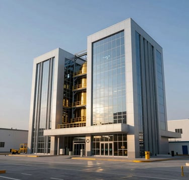 An architectural visualization of a state-of-the-art gold refinery facility in the Middle Eastern / Gulf region. The building features sleek industrial design with clean lines, glass, and steel, symbolizing forward-looking innovation and high-capacity production in the precious metals sector.