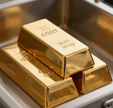 High-end macro photography of pure gold bars stacked in a secure vault, reflecting soft light with a deep champagne gold hue. Sophisticated and stable composition.