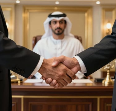 Photography of a professional handshake between two partners in a luxury office setting in the Gulf. Focused on the quality of fabric and the background of a gold-themed interior. Middle Eastern / Gulf.
