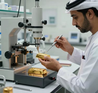A clean, high-technology laboratory setting for gold refining in Bahrain. Professional staff in specialized attire handling a pure gold ingot with precision tools. Bright lighting with a focus on metallic textures. Middle Eastern / Gulf context.