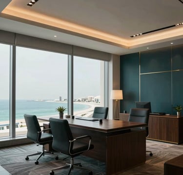 Professional photography of a modern, luxurious office interior in Bahrain, featuring dark teal and beige accents. Large windows overlook the coastline. Soft, cinematic lighting. Middle Eastern / Gulf corporate atmosphere.