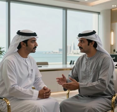 Two professionals in traditional Gulf business attire engaged in a serious discussion in a luxury, minimalist office overlooking a Bahraini coastal view. The lighting is soft and natural, emphasizing a mood of trust and corporate stability. The color palette features light grey and gold accents.