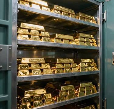 A high-security vault interior with stacks of gold bars on steel shelves. The lighting is precise and clean, reflecting a high-trust, professional environment. The composition focuses on depth and the sheer scale of the precious metal supply. Deep teal shadows and bright golden highlights.