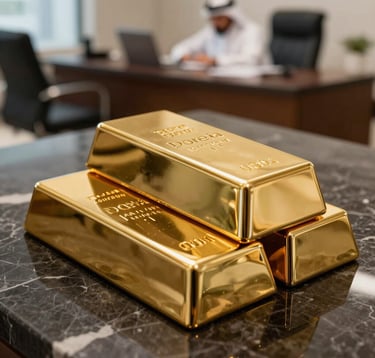 A close-up, sharp-focus photograph of polished 24-karat gold bars stacked neatly on a dark marble surface. The lighting is dramatic and luxurious, highlighting the metallic texture and the Dorevia commitment to quality. The background is a soft-focus Middle Eastern / Gulf executive office.
