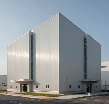 Architectural photography of a modern, secure industrial facility in Hidd, Bahrain. Clean lines, sunlight, and a sense of strategic growth and permanence. Middle Eastern / Gulf context.