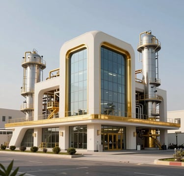 An architectural visualization of a modern, state-of-the-art gold refinery facility in a clean industrial zone in Bahrain. The design is sleek with glass and steel, exuding luxury and high-tech precision. Mid-day sunlight highlights the off-white exterior and gold accents.
