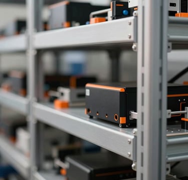 Close-up of a high-tech automated storage system with metallic textures and industrial orange highlights. Sharp focus, minimalist composition, reflecting a professional B2B engineering environment.