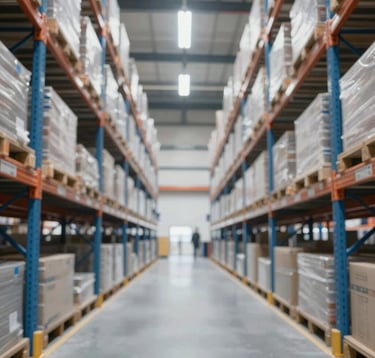Perspective shot of high-density industrial shelving and racking systems in an ultra-modern logistics hub. Symmetrical composition, clean lighting, sophisticated atmosphere. #F0F0F0 and #0077B6 tones.