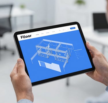 A close-up of a professional's hands holding a digital floor plan tablet. The screen shows warehouse layouts and booth spaces in industrial blue. The background is a minimalist, modern office setting with steel accents.