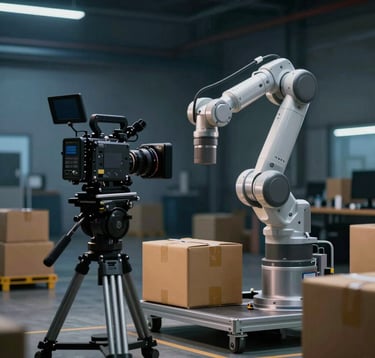 A professional video production setup on a logistics floor. A high-end cinema camera on a gimbal focuses on a smart robotic arm sorting parcels. Dark industrial background with hints of blue industrial lighting.