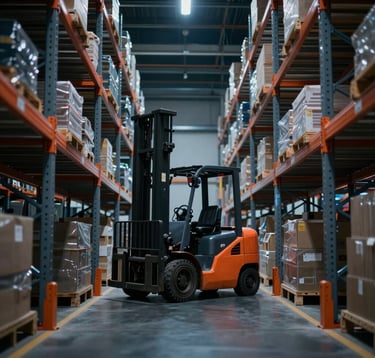 A dark, futuristic warehouse aisle with rows of orange racking. A robotic forklift is moving down the center. Deep blue industrial light contrasts with the warm orange rack frames. Minimalist and premium look.