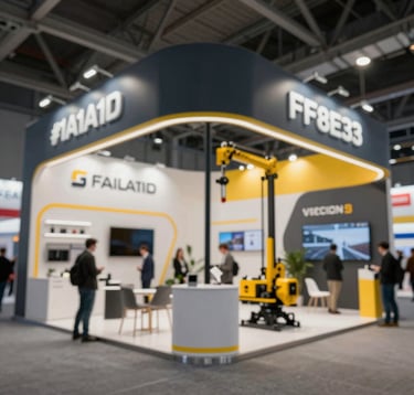 Wide-angle view of an international exhibition hall during a B2B trade show. Professional lighting, premium booths, industrial displays of lifting equipment. Futuristic vibe with #1A1A1A and #FF8E3C highlights.