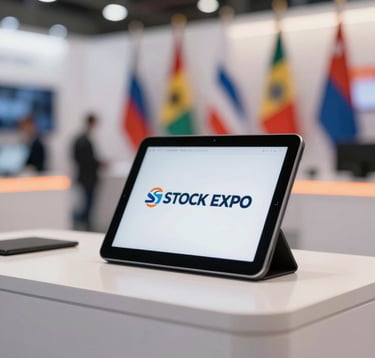 Close-up of a high-tech communication desk at a trade fair. A tablet showing the STOCK EXPO logo is visible. Soft orange highlights from industrial lighting. Professional, clean, and media-ready atmosphere. Background includes blurry international flags.