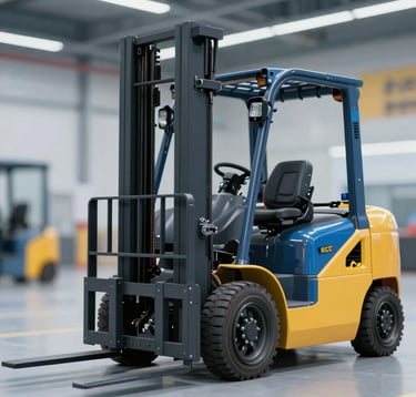 Close-up of a high-tech electric forklift in a modern facility, showcasing industrial design and clean lines. The lighting is cinematic, highlighting the mechanical precision. Incorporates #0077B6 and #FF8E3C branding colors in the environment.
