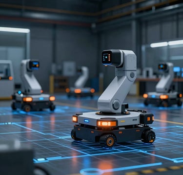 Warehouse robots and automated guided vehicles (AGVs) operating on a digital grid floor. Dark industrial background with vibrant orange and blue sensors glowing, depicting Industry 4.0 automation.