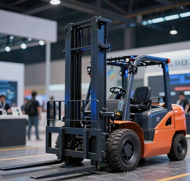 Heavy-duty industrial lifting equipment and forklifts in a dark, sophisticated exhibition setting. Blue accent lighting highlights the precision engineering and futuristic design of the machinery.
