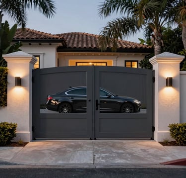 An evening shot of a private, gated entrance to a Beverly Hills estate. The gates are a sophisticated charcoal color, illuminated by soft warm sand lighting. A high-end luxury vehicle is partially visible, reflecting the exclusive and aspirational ambiance of the neighborhood.
