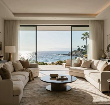 High-end photography of a coastal living room in Laguna Beach, featuring floor-to-ceiling windows overlooking the water. The interior is decorated in soft off-white and sandy beige tones, with luxury furniture and high-quality textures.