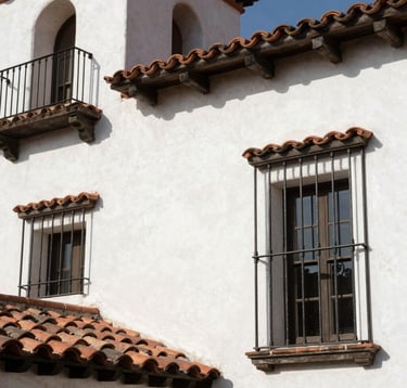 A close-up shot of architectural details on a Spanish Colonial Revival estate in Santa Barbara. The white stucco walls, terracotta tiles, and dark charcoal wrought iron accents are captured in bright, natural California sunlight.