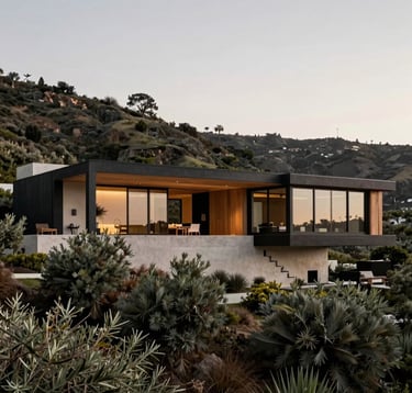 A professional architectural photograph of a luxury canyon home in Los Angeles. The building features charcoal steel beams and warm sand wood accents, nestled into a lush hillside with muted olive foliage and a soft off-white morning sky.