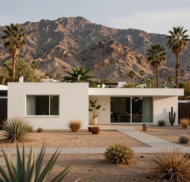 A stunning mid-century modern home in Palm Springs, showcasing sleek lines and soft off-white exterior walls. The property is surrounded by desert landscaping with warm sand gravel and native flora, set against the backdrop of muted olive-toned mountains.