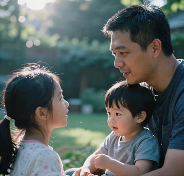 A close-up, authentic lifestyle photograph of a North American / US family playing in a light-filled garden. The image features soft blue light filtering through trees, creating a cinematic lens flare. The mood is deeply human and professional, focusing on a candid emotional interaction.