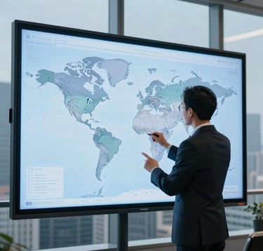 A professional setting in a high-rise office. A consultant is reviewing a map of the world on a large digital screen. The background is a crisp skyline in shades of Muted Blue. The composition conveys power and global reach. Global / Sophisticated Traveler.