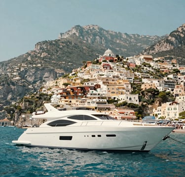A luxury motor yacht anchored in the turquoise waters of the Amalfi Coast, with the colorful hillside village of Positano in the background. The lighting is bright and airy, capturing a sense of high-end travel for a Global Sophisticated Traveler. Palette colors of soft sky blue and off white are prominent.
