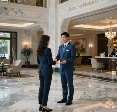 The elegant lobby of a five-star grand hotel with marble floors, high ceilings, and a professional concierge in a sharp suit assisting a guest. The setting is opulent yet understated, using a palette of slate blue and pale grey. A sense of unwavering trust and luxury for the Global Sophisticated Traveler.