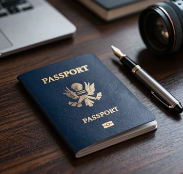 Close up of a luxury passport holder and a fountain pen on a dark wood desk in a high-end office. The lighting is professional and moody, with shades of deep blue and silver accents. Global / Sophisticated Traveler vibes.