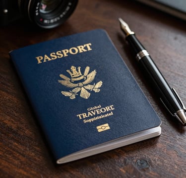 A close-up shot of a set of premium dark blue passports and a classic fountain pen resting on a dark wood desk. The lighting is sophisticated and focused, highlighting the textures of the leather and paper. Style is professional and high-status for a Global Sophisticated Traveler.
