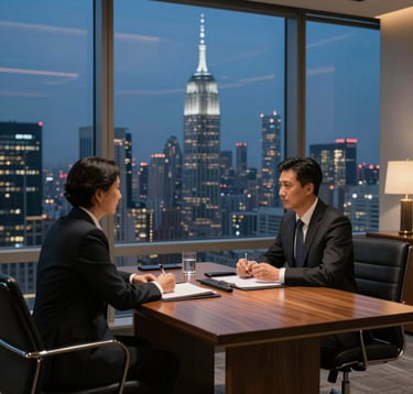 A high-end law office or consultation room in a skyscraper overlooking a global metropolis at dusk. A professional meeting is taking place between two people in business attire. The light is focused and warm on the table, while the background is a cool dark blue of the evening city sky. Global Sophisticated Traveler aesthetic.