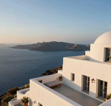 A wide-angle shot of a serene, luxury villa overlooking the Mediterranean coast at golden hour. Soft off-white architecture contrasts with the deep blue sea. A Global / Sophisticated Traveler is visible on a terrace.