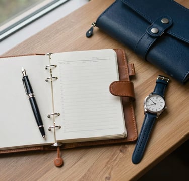 Top-down flat lay photography of a high-end wooden desk featuring an elegant fountain pen, a leather-bound travel planner, and an expensive wristwatch. Soft natural lighting through a window creates a sophisticated atmosphere with off-white and dark blue accents. Global / Sophisticated Traveler context.