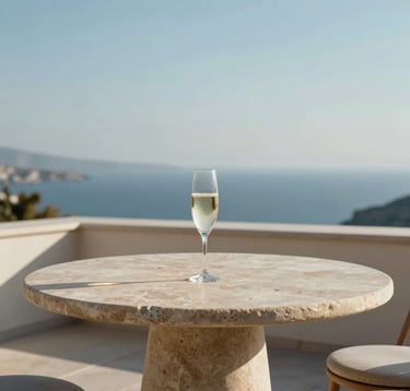 A premium photography shot of a minimalist, luxury terrace overlooking a Mediterranean coastline. A single glass of champagne sits on a stone table under the soft Light Blue of a clear sky. The setting is tranquil and exclusive. Global / Sophisticated Traveler.