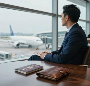 Medium shot of a Global / Sophisticated Traveler in a luxury airport lounge, looking through a large glass window at a cityscape. A passport and leather travel wallet sit on a polished dark wood table in the foreground. The mood is calm and professional with deep blue and soft gray tones.