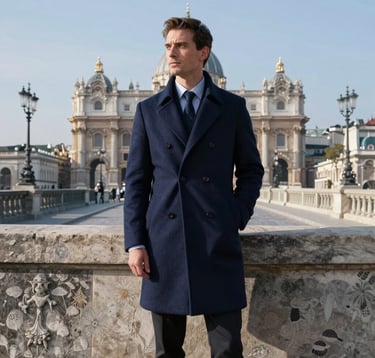 A Global / Sophisticated Traveler standing on a historic stone bridge in a European capital, wearing a tailored navy coat. The lighting is crisp morning light with a palette of muted blue and light grey.