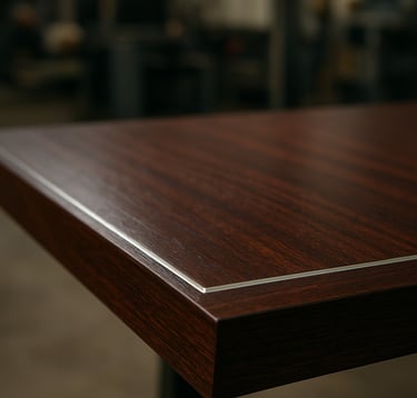 Macro photography showing the precision craftsmanship of a dark mahogany office table surface. The shot captures the elegant grain of the wood and a polished metal inlay, set in a professional South Asian / Indian manufacturing studio with blurred industrial machinery in the background.