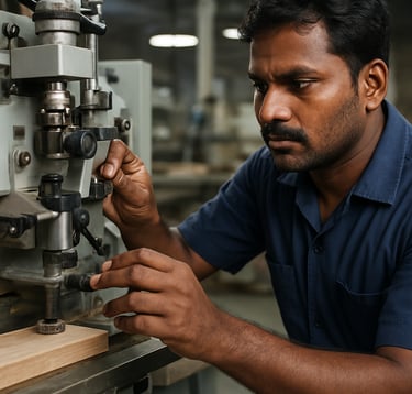 Close-up photography of precision woodworking machinery inside a factory in Pune. A South Asian / Indian technician is adjusting the settings. The lighting is crisp and clear, showing the industrial yet sophisticated manufacturing process.