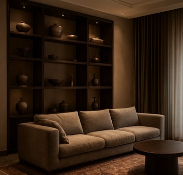 An elegant, modern living room interior in a luxury South Asian / Indian home, featuring a custom-built floor-to-ceiling shelving unit and a sophisticated plush sofa. The lighting is warm and atmospheric, highlighting the refined textures of the space.