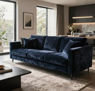 A modern Indian living room with an elegant, plush sofa in dark navy, soft natural light streaming through large windows, modern minimalist decor, sophisticated atmosphere, photography.