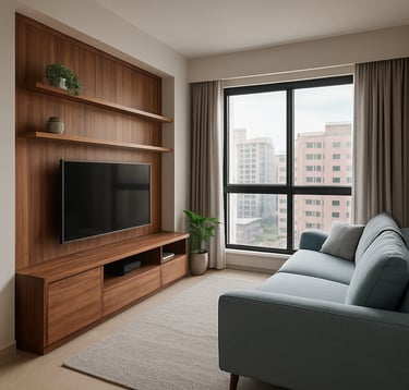 A professionally staged modern residential living room in a South Asian urban apartment. The space features a custom-built entertainment unit and a minimalist sofa in light blue and grey tones, showcasing a blend of functional beauty and elegant interior design.