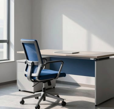 A sophisticated modern office space in India, featuring a sleek steel blue ergonomic chair and a minimalist light gray blue desk, natural lighting, professional and inspiring atmosphere, photography.