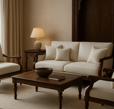 Photography of a luxury South Asian / Indian living room setting. Soft-textured off-white upholstery meets dark wood accents. The lighting is diffused and elegant, highlighting the high-quality finish of the artisanal furniture.