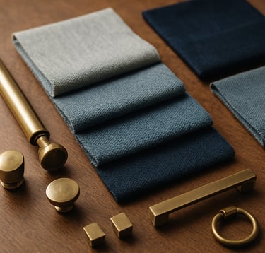 A collection of high-quality upholstery samples and premium hardware components arranged neatly on a designer's table. The textures include rich fabrics in light gray blue and dark navy, representing the material philosophy of a South Asian / Indian interior design firm.