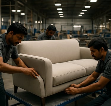 A detailed shot of the manufacturing floor at a high-tech facility in Pune, India. Skilled craftsmen are seen focusing on the assembly of a premium upholstered sofa, emphasizing the intersection of traditional skill and modern industrial precision.
